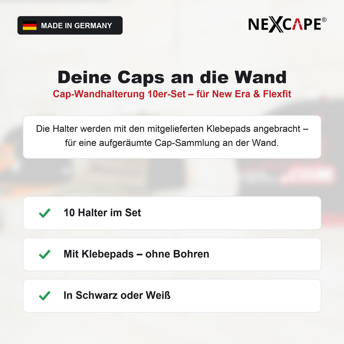 Cap-Wandhalterung 10er Set Mützenhalter – BaseCap-Display kompatibel mit New Era/Flexfit NEXCAPE® – Vorteile im Überblick
