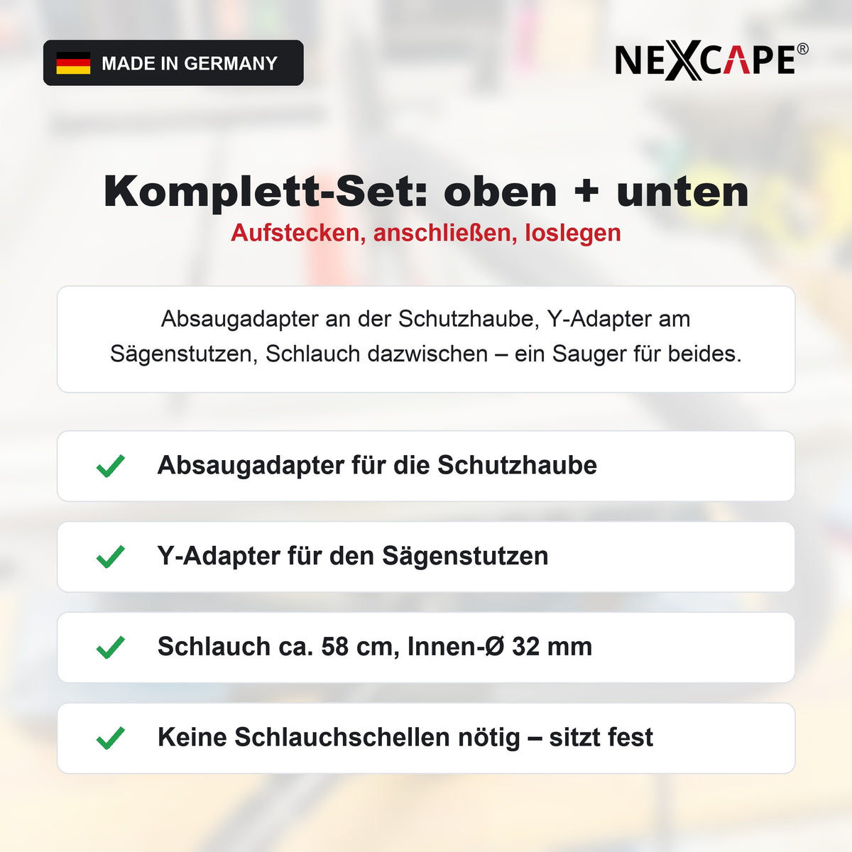 Lieferumfang NEXCAPE Absaug-Set BOSCH GTS 10 XC: Absaugadapter, Y-Adapter, Schlauch ca. 58 cm