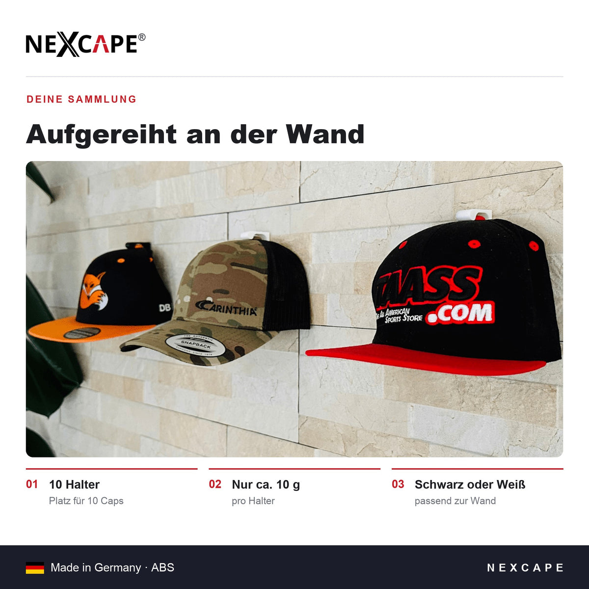 Cap-Wandhalterung 10er Set Mützenhalter – BaseCap-Display kompatibel mit New Era/Flexfit NEXCAPE® – mehrere Halter in einer Reihe