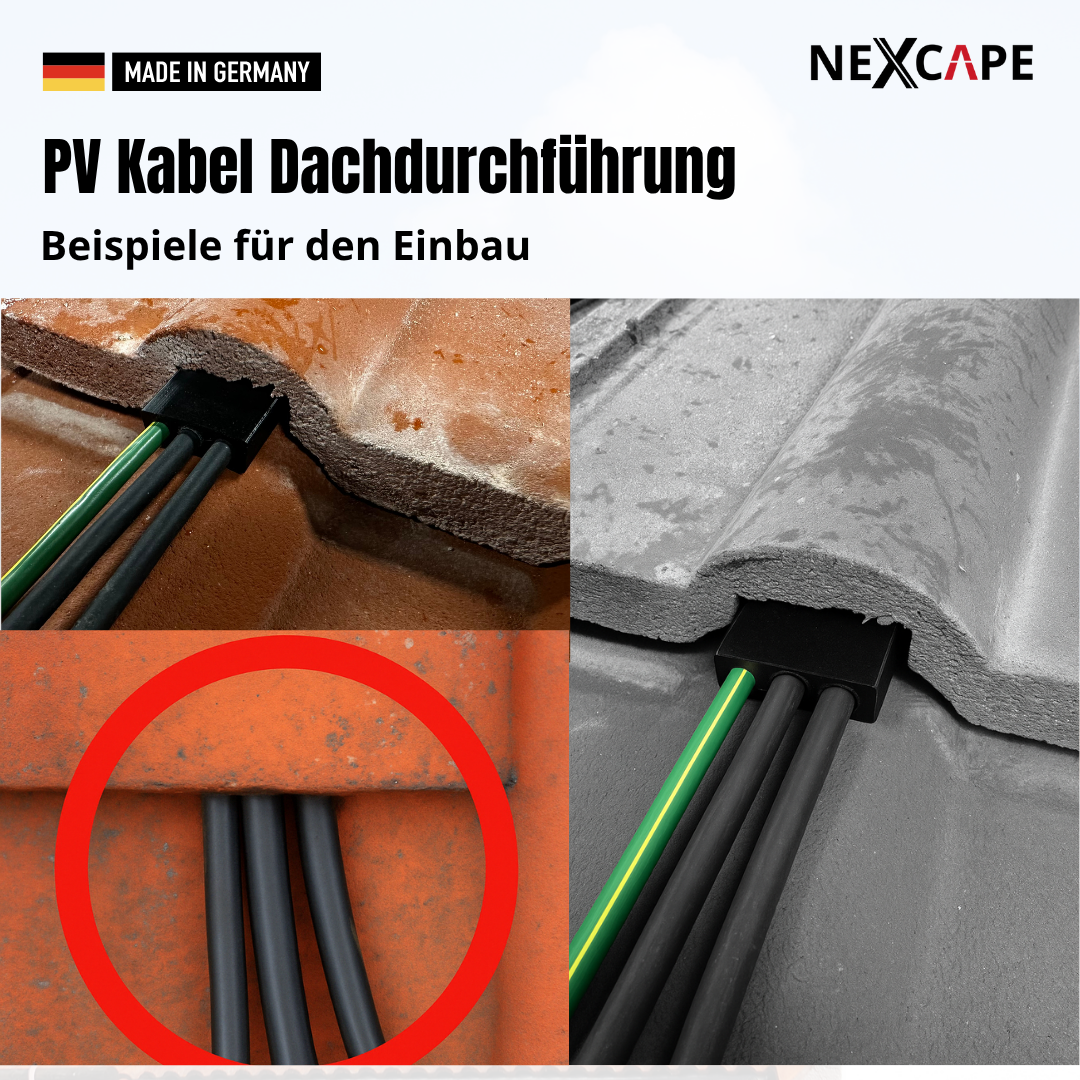 Werbegrafik für PV Kabel Dachdurchführung von NEXCAPE: zeigt Einsatzbeispiele im Ziegeldach mit schwarzen Solarkabeln, MADE IN GERMANY-Banner.