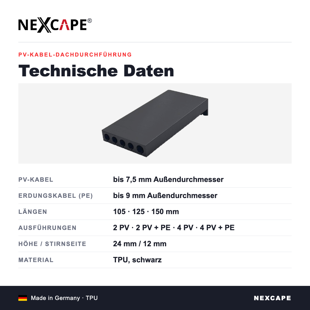Mechanischer Kabelschutz. Kabeldurchführung am Ziegeldach. Abriebschutz: das Kabel scheuert nicht an der Ziegelkante durch. Für PV-Kabel bis 7,5 mm und Erdungskabel bis 9 mm. Für Schrägdächer mit Dachziegeln und Betondachsteinen. Aus TPU, Made in Germany. Nexcape.