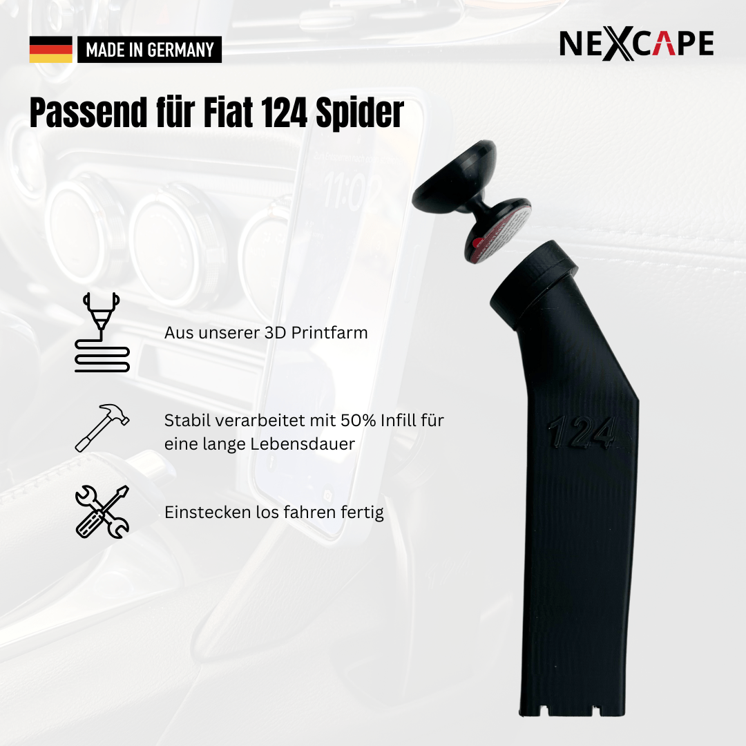 NEXCAPE Handyhalter Cupholder-Adapter mit 124-Prägung und Magnet-Halterung für Fiat 124 Spider / Mazda MX-5 – Smartphone-Halter zum Einstecken, Made in Germany