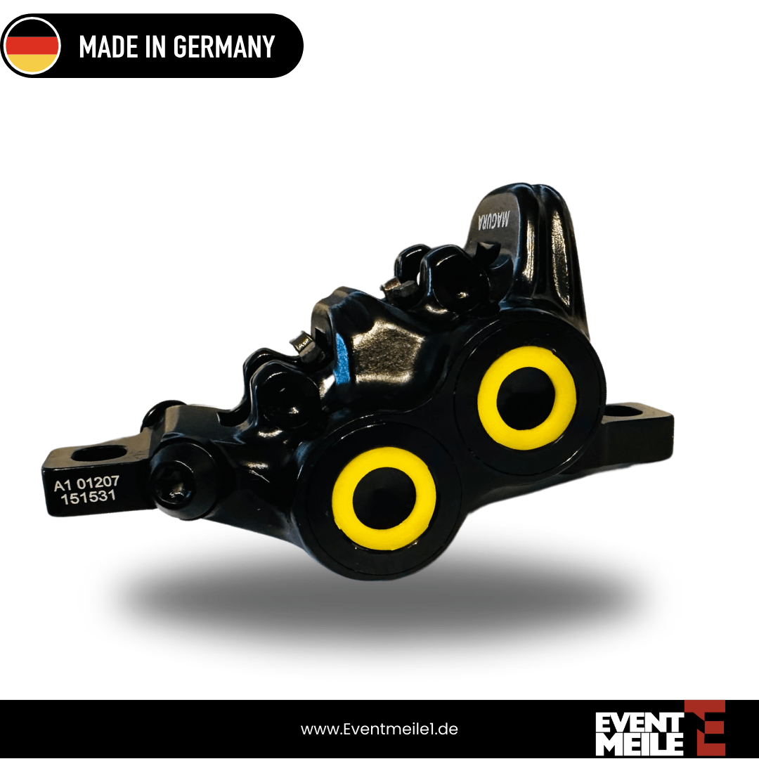 NEXCAPE Bremssattel-Aufkleber Set in Gelb am Magura MT5/MT6/MT7 Trail Bremssattel angebracht – Zierring-Sticker fürs MTB- & E-Bike-Tuning, Made in Germany