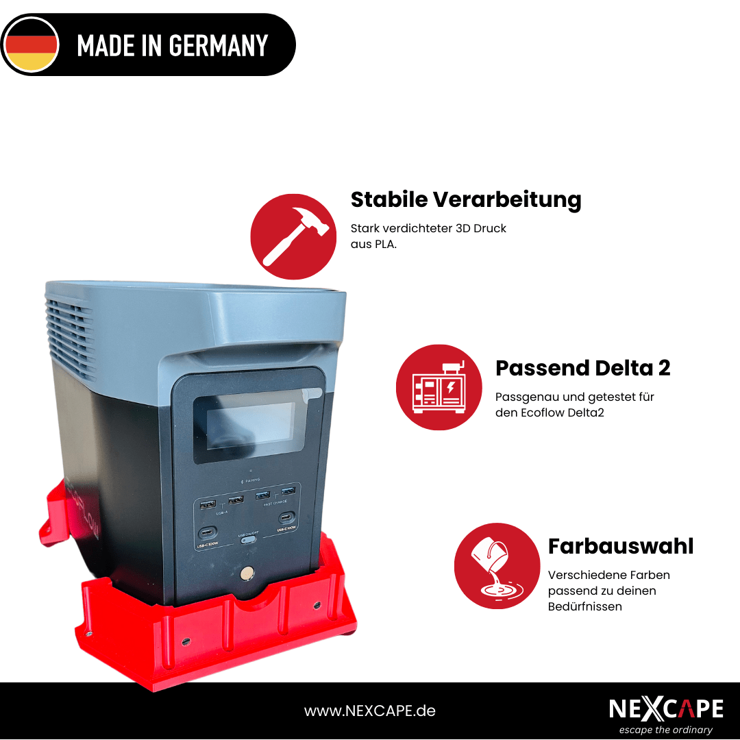 EcoFlow Delta 2 Powerstation steht in der roten NEXCAPE-Halterung – Praxisfoto der passgenauen Boden-Befestigung für Wohnmobil, Camper und Boot