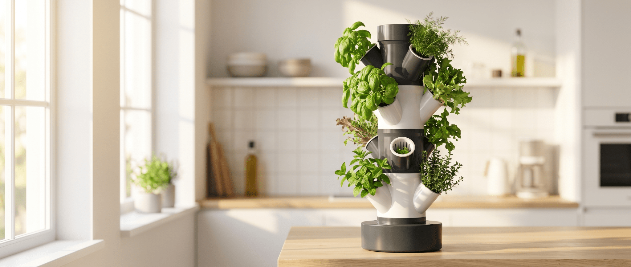 Hydroponik-Tower von NEXCAPE mit frischen Kräutern in der Küche