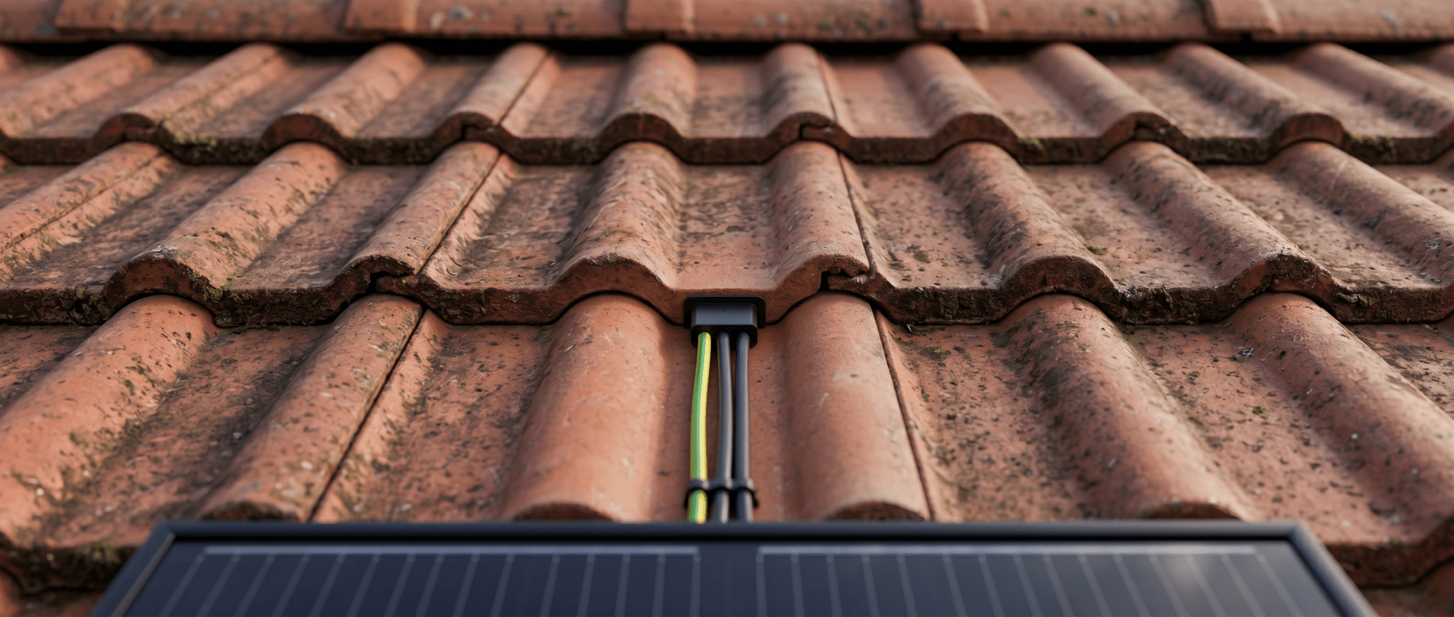 NEXCAPE PV-Kabeldurchführung montiert im Ziegeldach – Kabel sauber unters Modul geführt