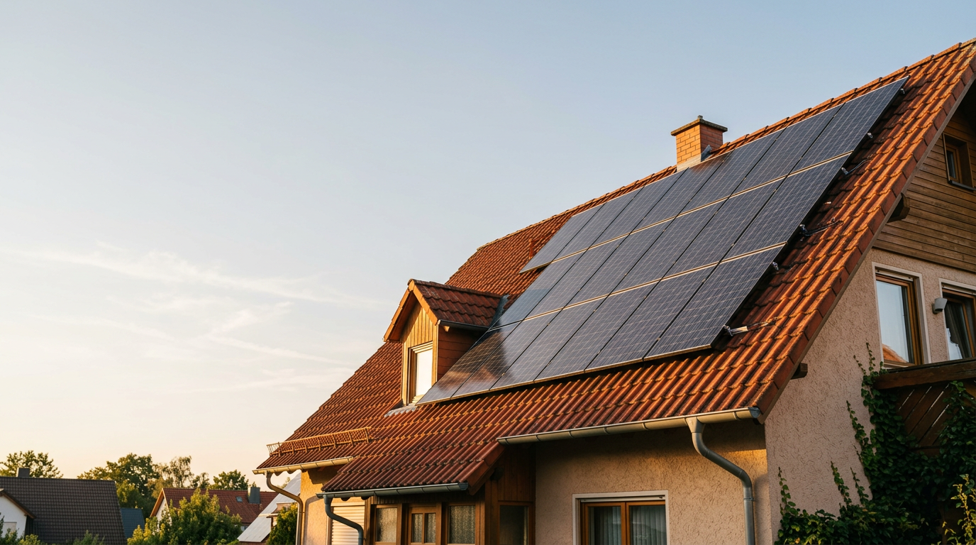 Einfamilienhaus mit Ziegeldach und Photovoltaik-Anlage im Abendlicht