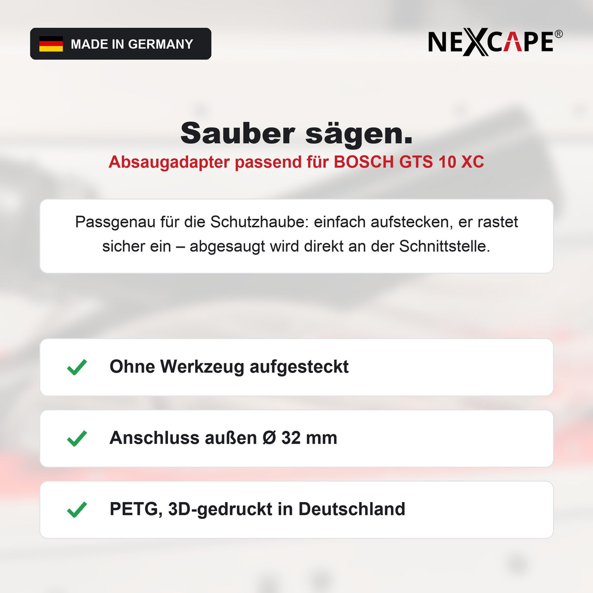 Absaugadapter aus PETG passend für BOSCH GTS 10 XC – Tischkreissäge Staubabsaugung NEXCAPE®