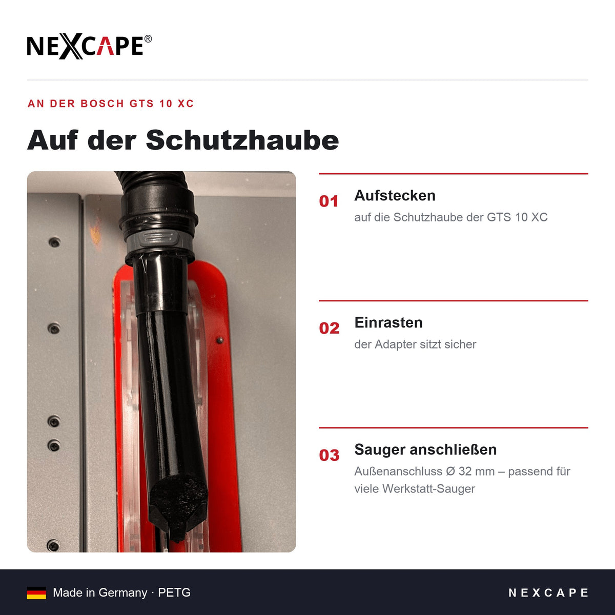 Qualitätsmerkmale NEXCAPE Absaugadapter: aus eigener 3D-Printfarm, stabil mit 50% Infill für lange Lebensdauer, aus hitzebeständigem PETG, Made in Germany