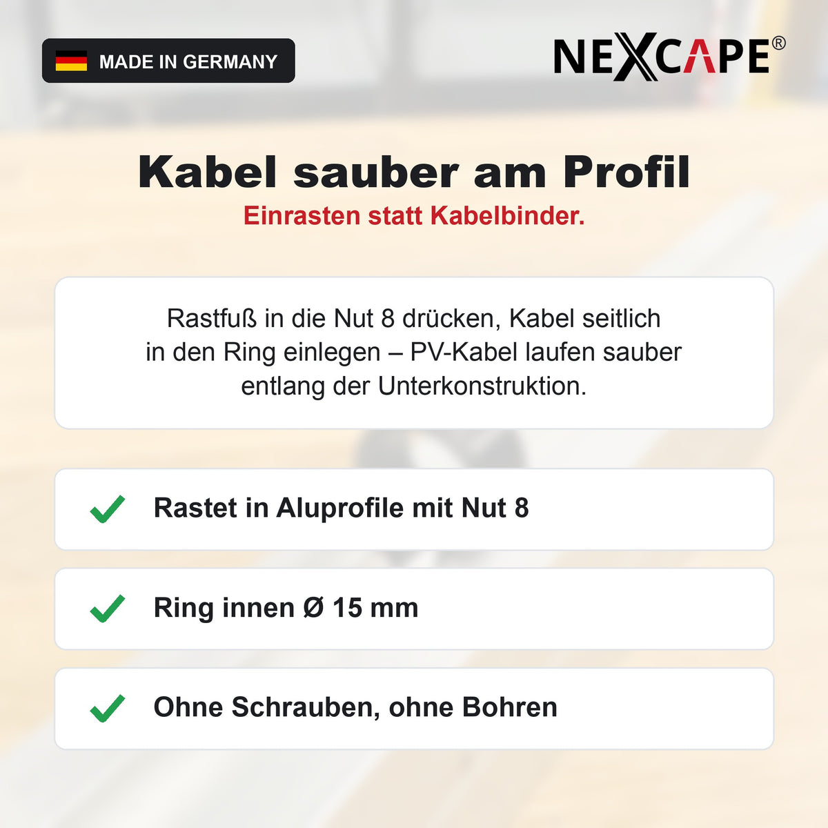 Nut 8 Kabelclip im Aluprofil eingerastet – Montage in 3 Schritten