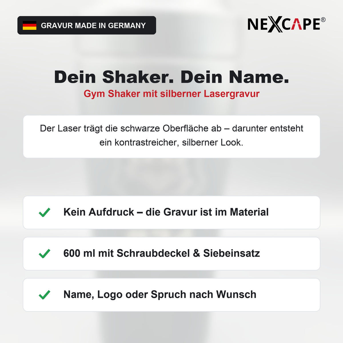 Personalisierter Gym Shaker Schwarz mit Lasergravur – Silberne Premium-Gravur – Vorteile im Überblick