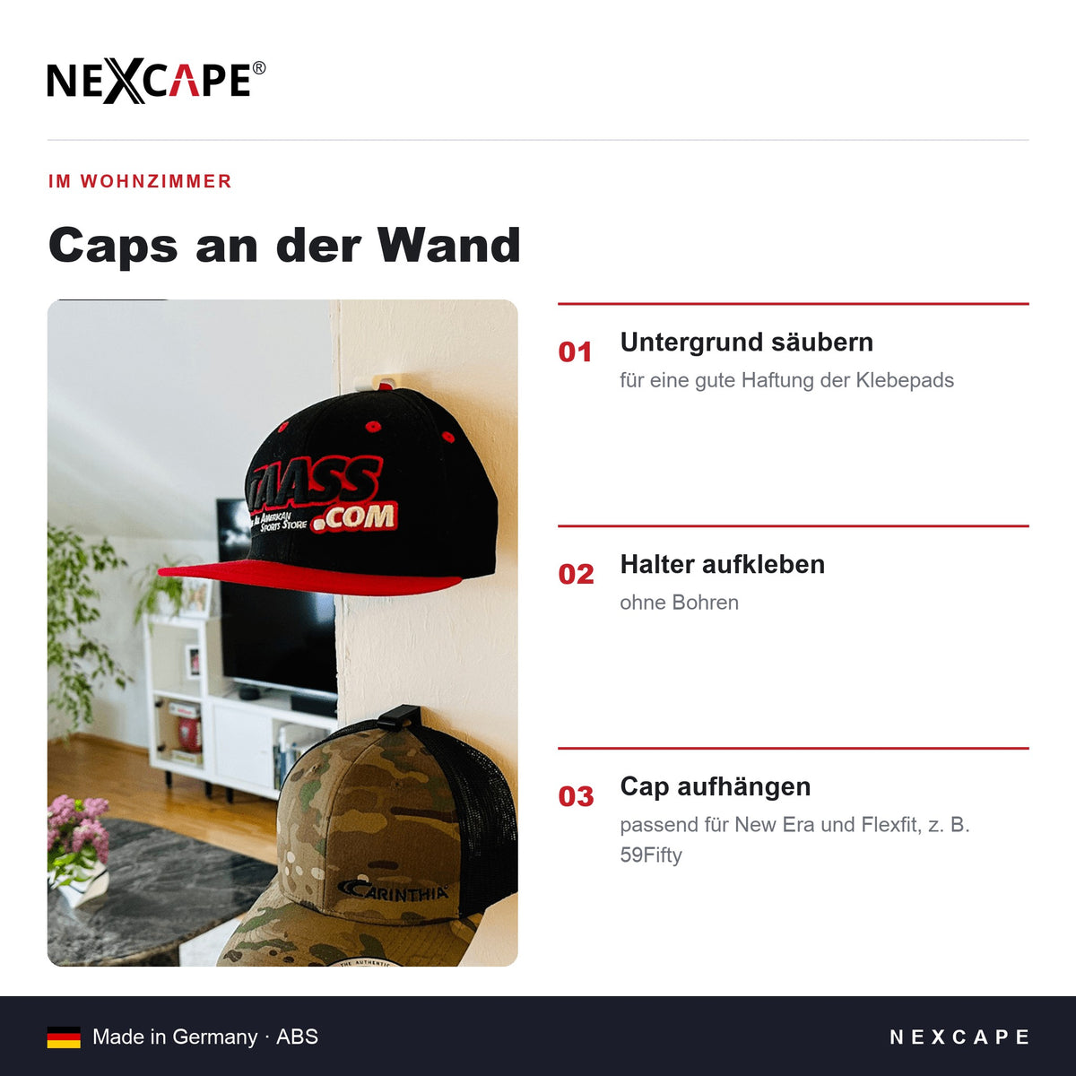 Cap-Wandhalterung 10er Set Mützenhalter – BaseCap-Display kompatibel mit New Era/Flexfit NEXCAPE® – Technische Daten