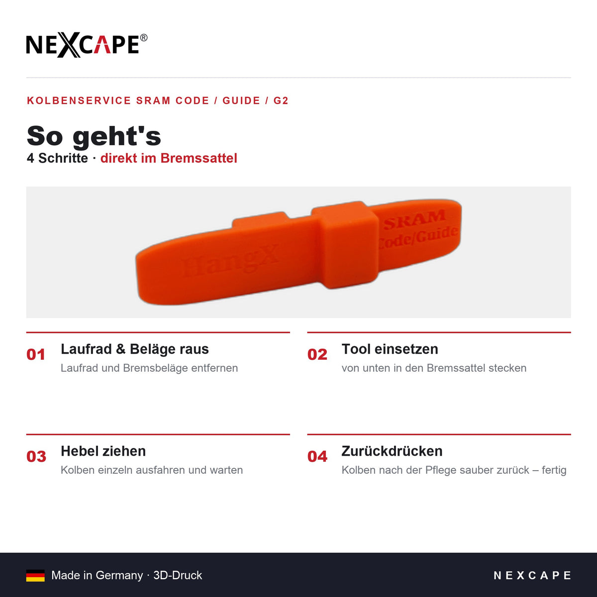 Kolbenservice-Tool passend für SRAM CODE/GUIDE R/RS/RSC/G2 – Bremse Entlüftung MTB NEXCAPE® – Technische Daten
