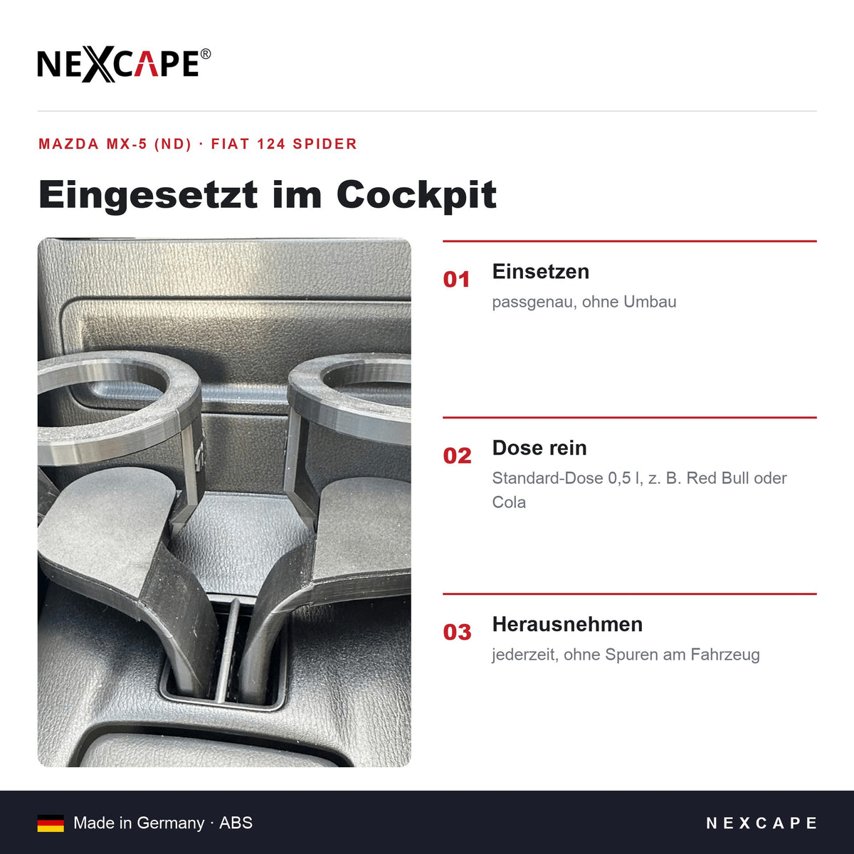 Getränkehalter 2er Set passend für Mazda MX-5/Fiat 124 Spider – Cupholder Cabrio NEXCAPE® – Lieferumfang