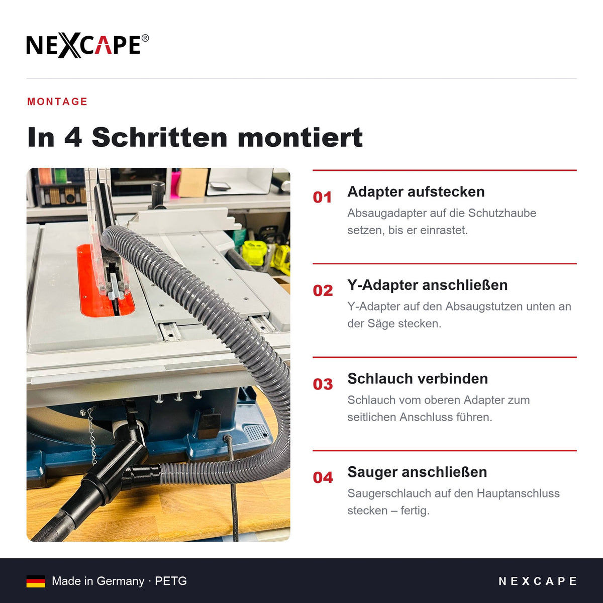 Lieferumfang NEXCAPE Absaug-Set BOSCH GTS 10 XC: Absaugadapter, Y-Adapter, Schlauch ca. 58 cm