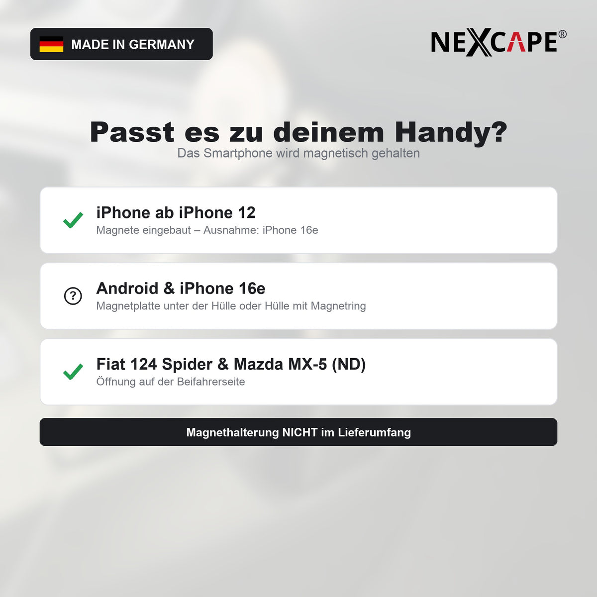 Handyhalter Cupholder-Adapter passend für Fiat 124 Spider/Mazda MX-5 – Smartphone NEXCAPE® – Lieferumfang