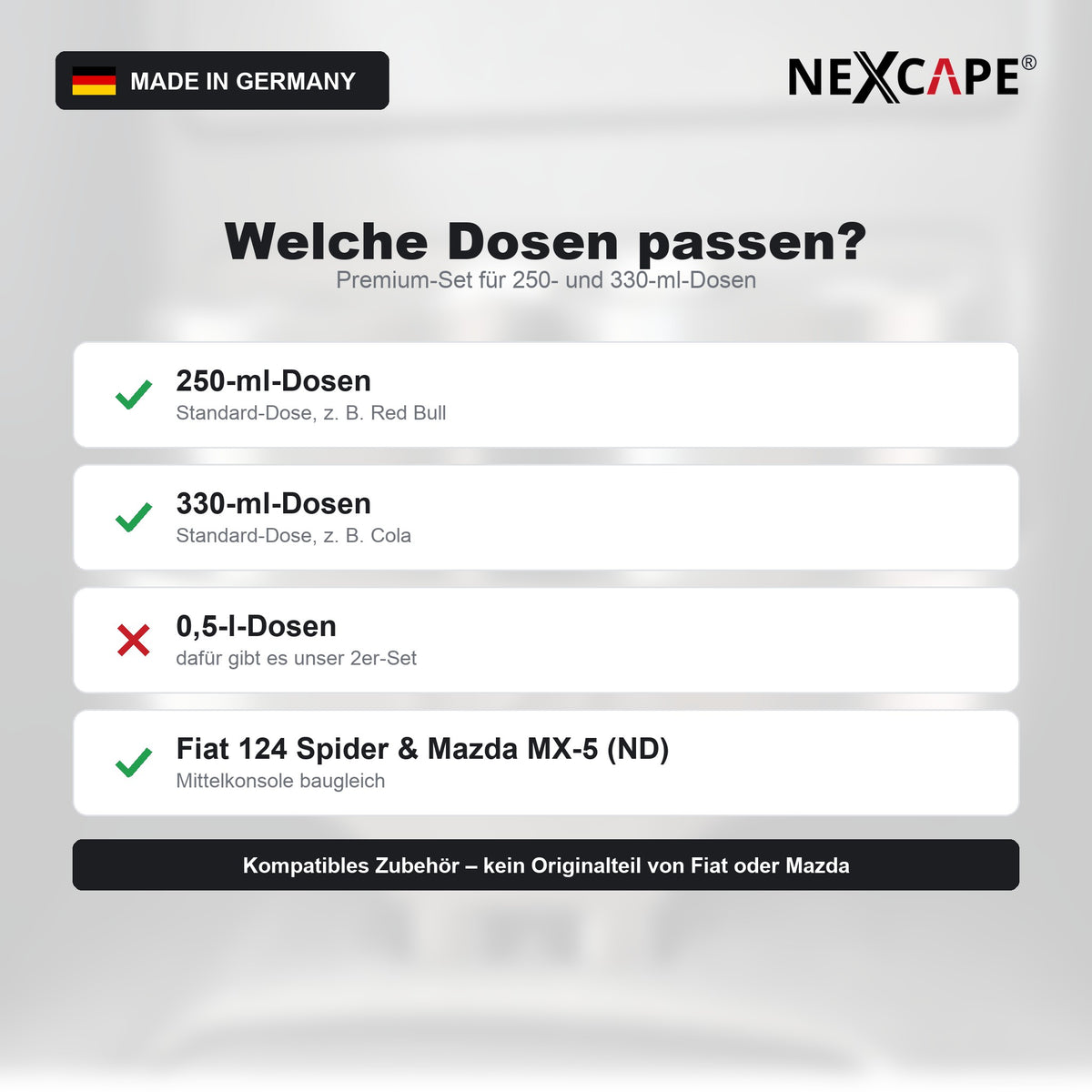 Getränkehalter Premium-Set passend für Fiat 124 Spider/Mazda MX-5 – Überlaufschutz Dosenkappen NEXCAPE® – Lieferumfang