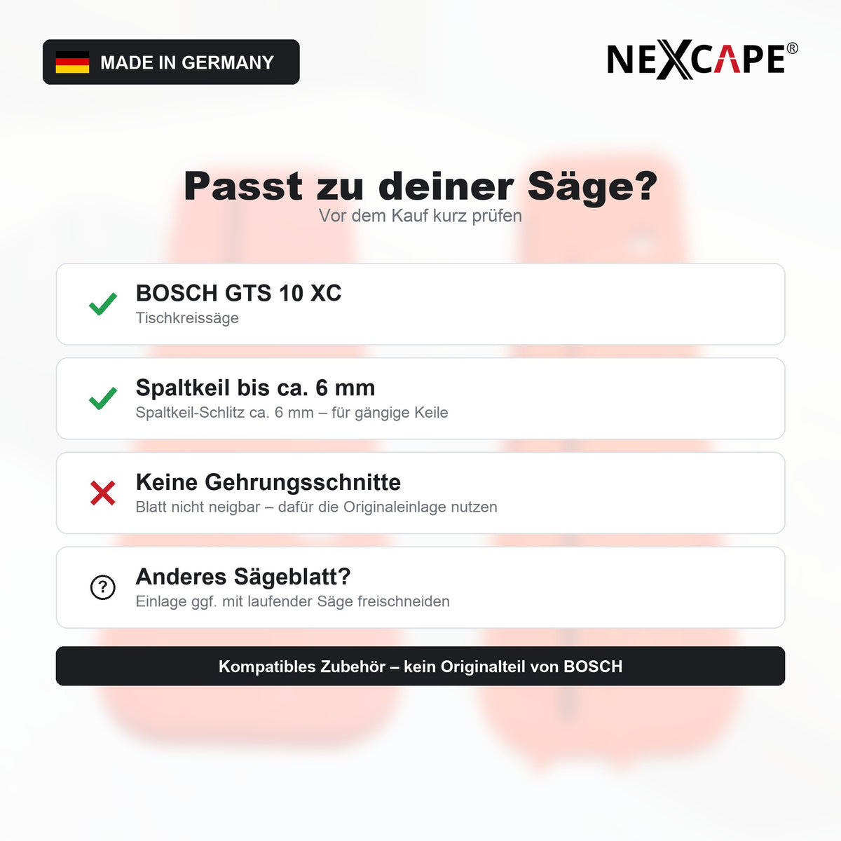Null-Spalt-Einlage passend für BOSCH GTS 10 XC – Nullspalteinlage Tischkreissäge präzise NEXCAPE® – Anpassen