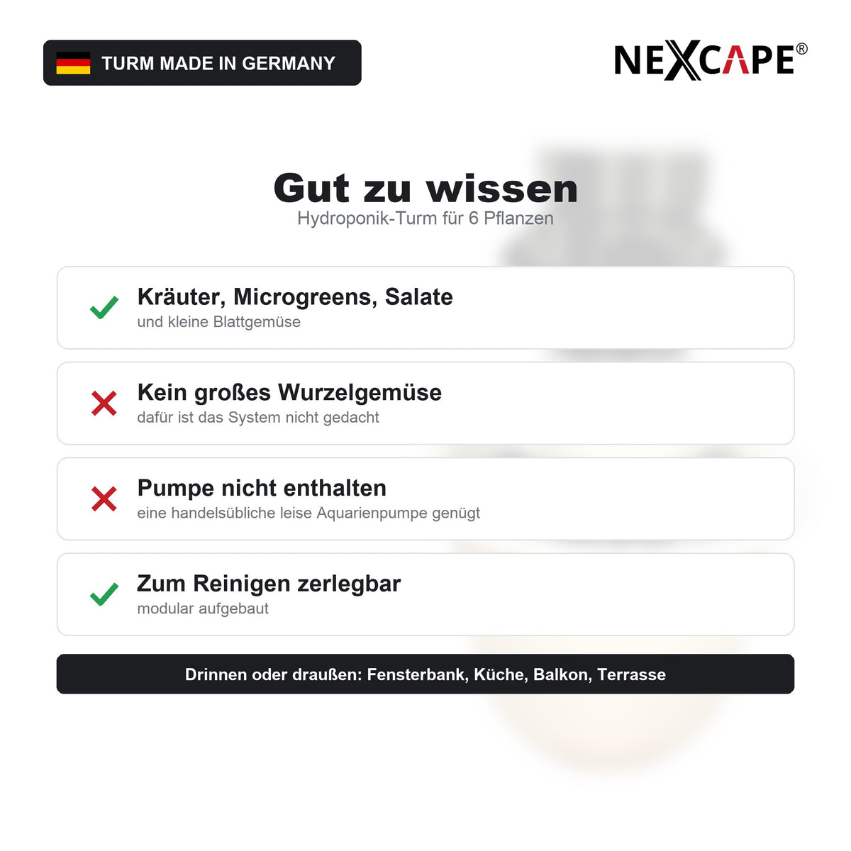 Hydroponik Turm 6 Pflanzen mit Pflanzkörben – Küche Terrasse Modular Kräuter Salat NEXCAPE® – Gut zu wissen