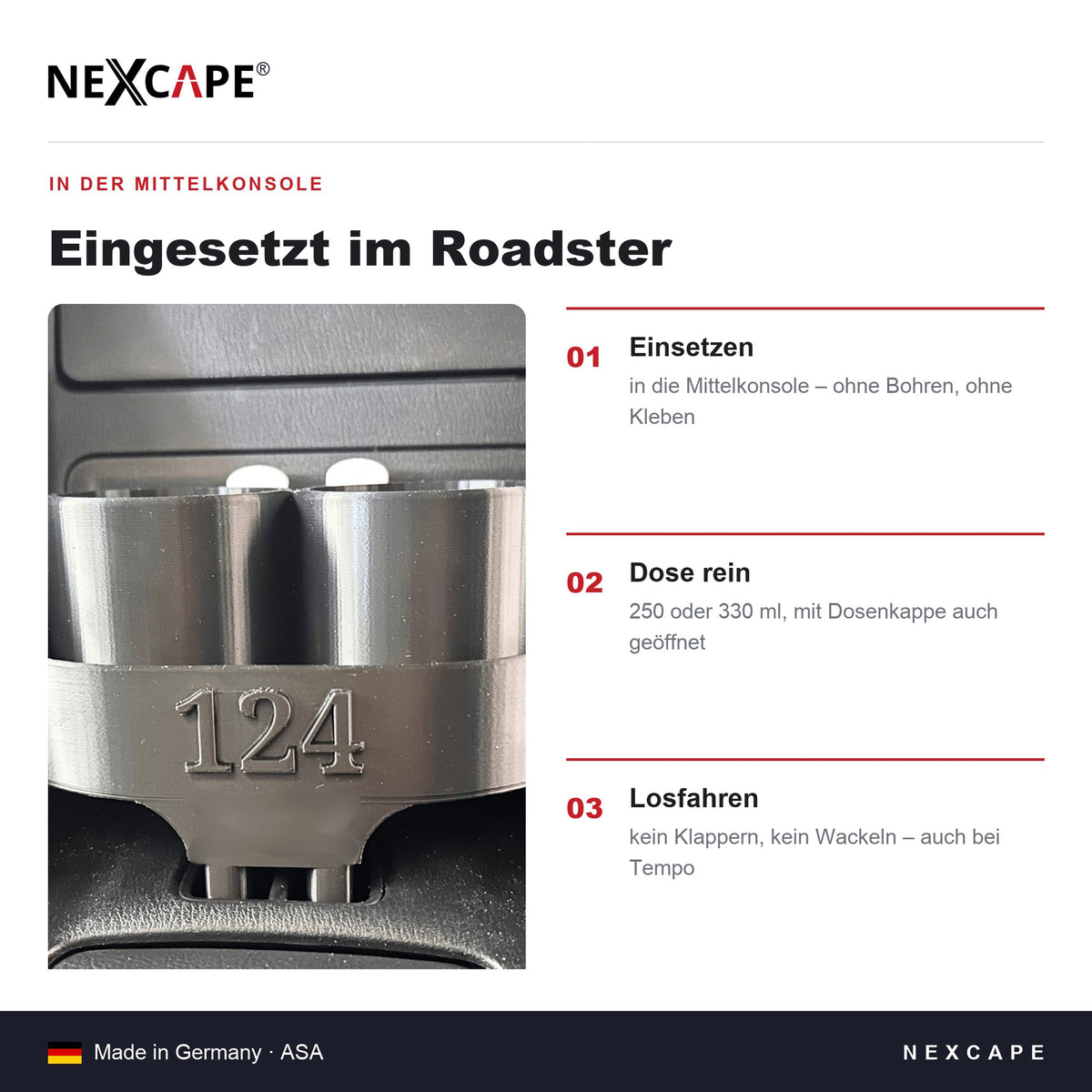 Getränkehalter Premium-Set passend für Fiat 124 Spider/Mazda MX-5 – Überlaufschutz Dosenkappen NEXCAPE® – Lieferumfang