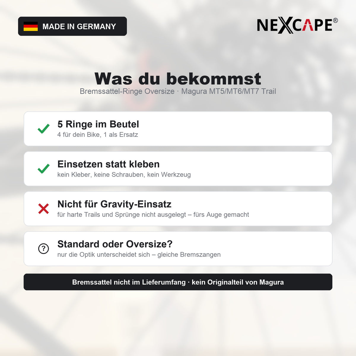 Bremssattel-Zierring Set passend für Magura MT5/MT6/MT7 Oversize Trail – Schutzring MTB E-Bike NEXCAPE® – Lieferumfang