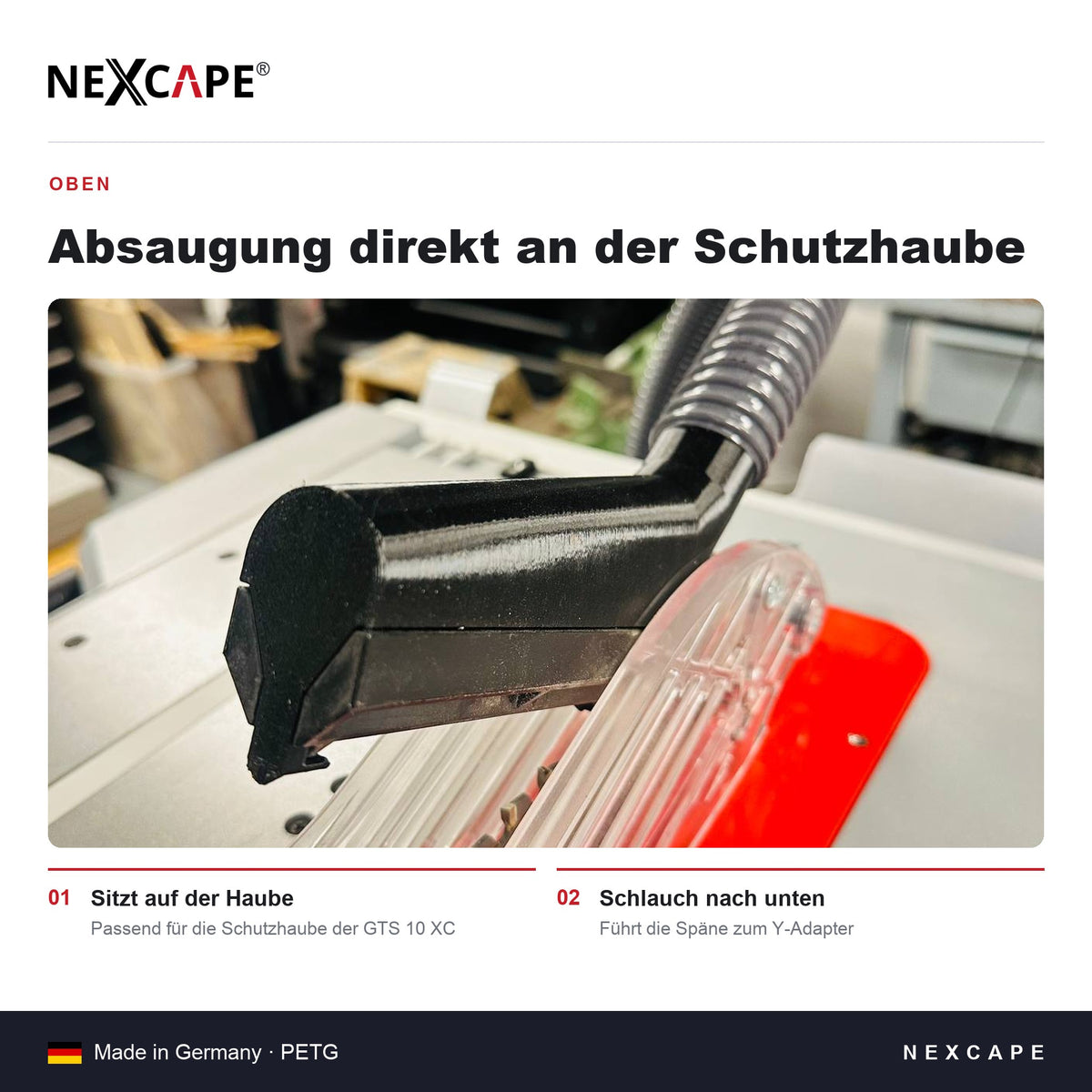 Lieferumfang NEXCAPE Absaug-Set BOSCH GTS 10 XC: Absaugadapter, Y-Adapter, Schlauch ca. 58 cm