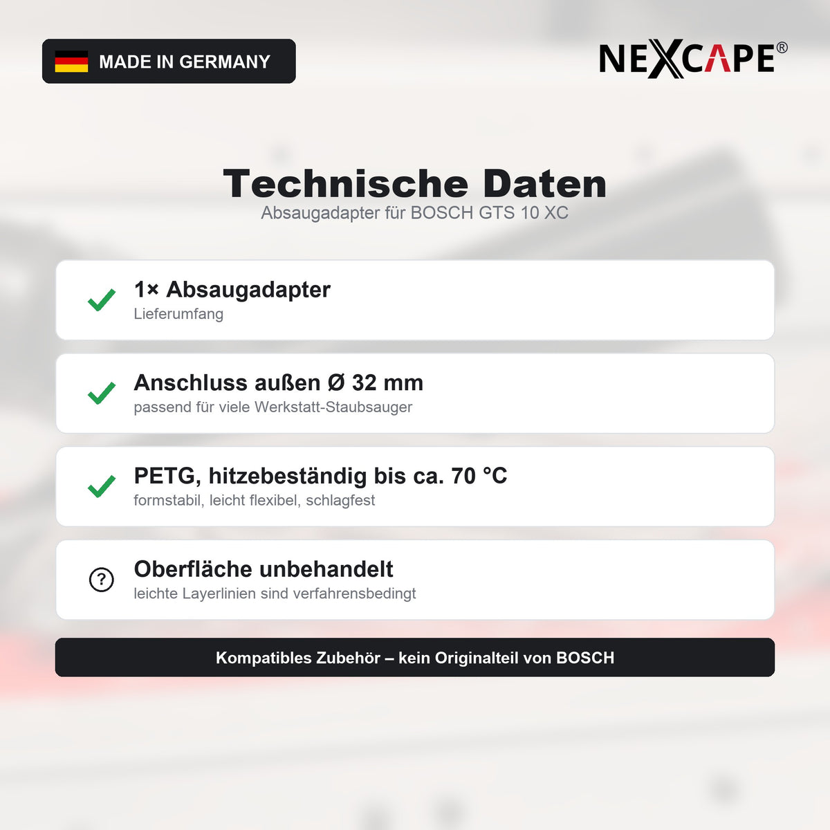 Qualitätsmerkmale NEXCAPE Absaugadapter: aus eigener 3D-Printfarm, stabil mit 50% Infill für lange Lebensdauer, aus hitzebeständigem PETG, Made in Germany