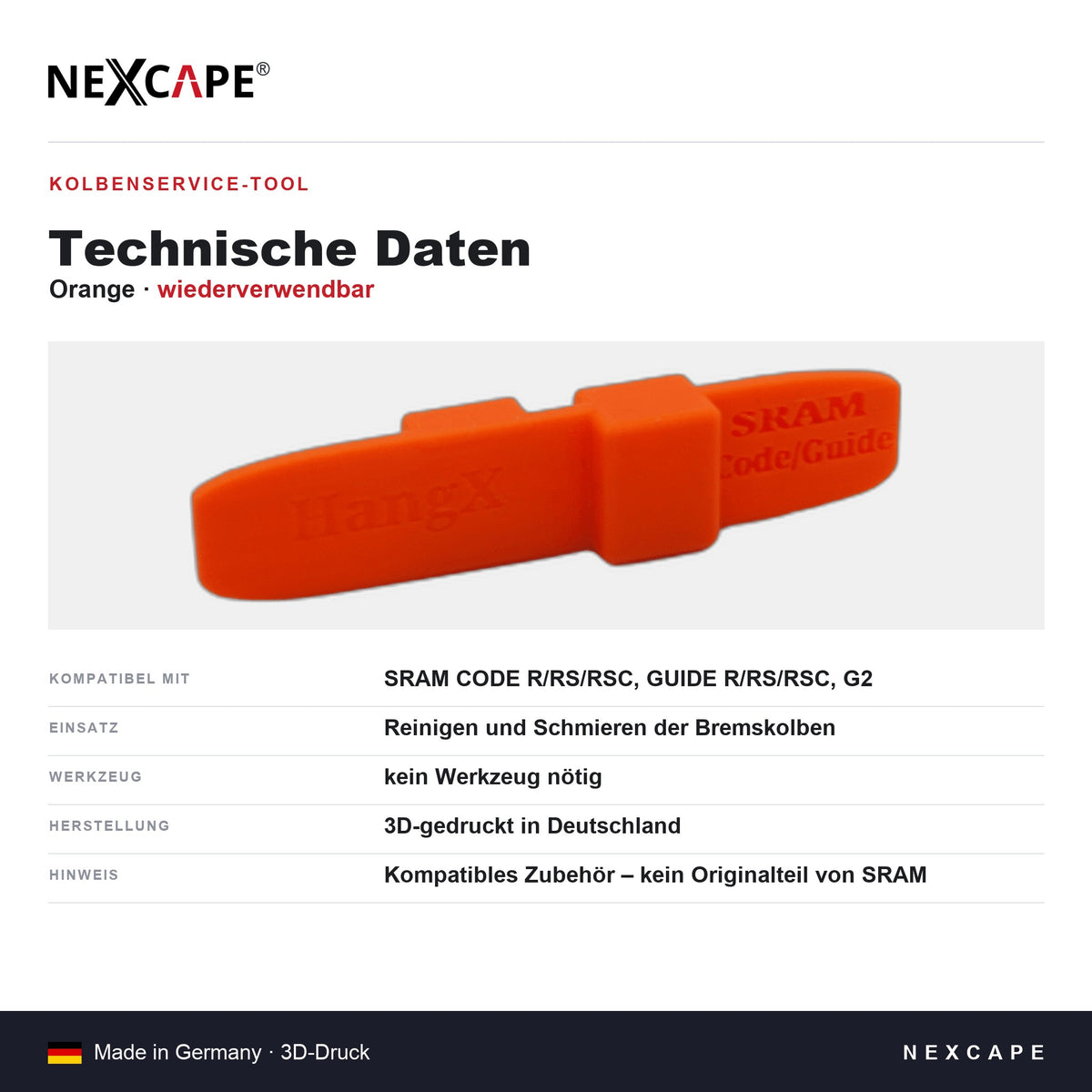 Kolbenservice-Tool passend für SRAM CODE/GUIDE R/RS/RSC/G2 – Bremse Entlüftung MTB NEXCAPE® – Technische Daten