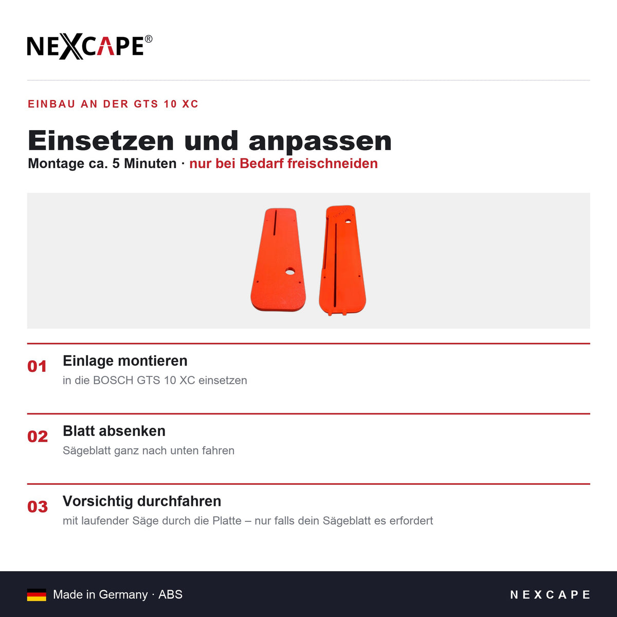 Null-Spalt-Einlage passend für BOSCH GTS 10 XC – Nullspalteinlage Tischkreissäge präzise NEXCAPE® – Anpassen