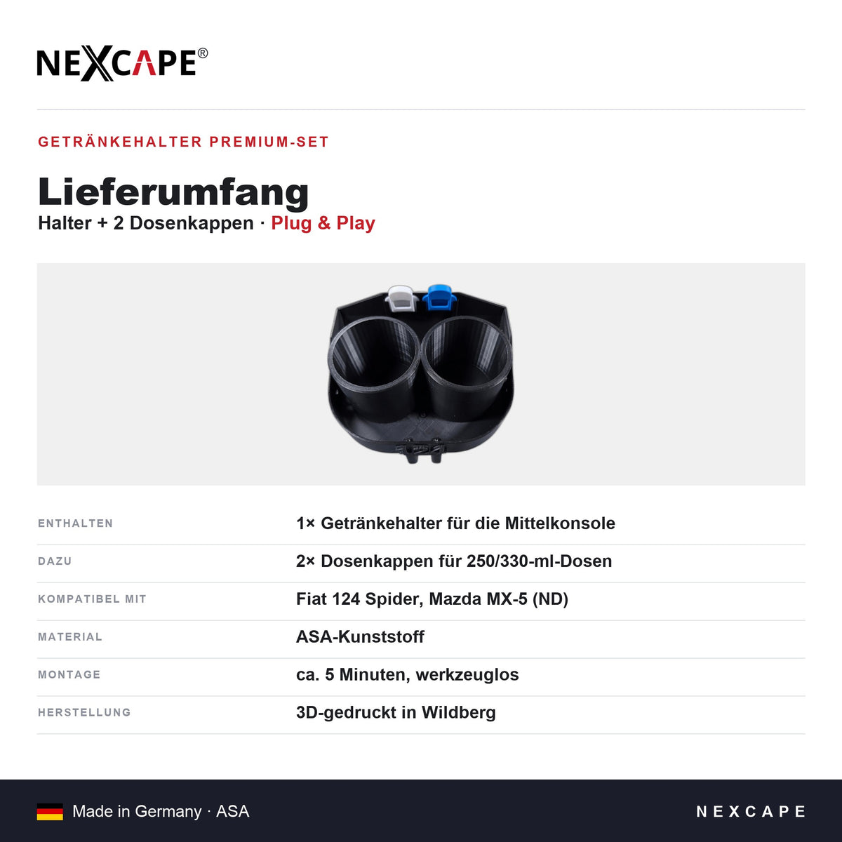 Getränkehalter Premium-Set passend für Fiat 124 Spider/Mazda MX-5 – Überlaufschutz Dosenkappen NEXCAPE® – Lieferumfang