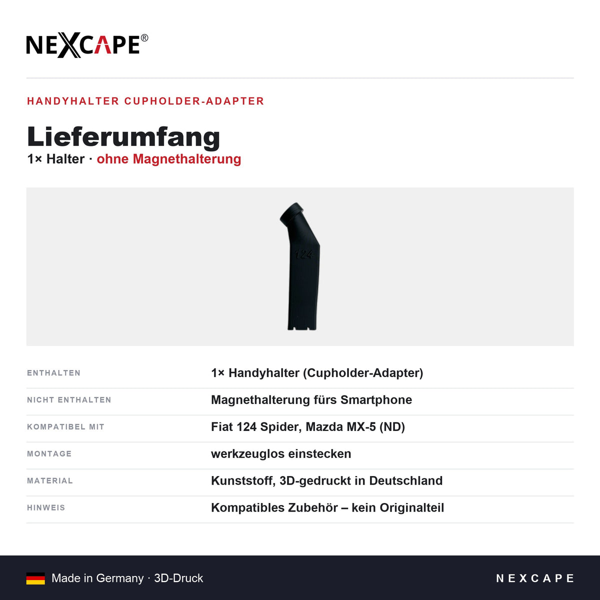 Handyhalter Cupholder-Adapter passend für Fiat 124 Spider/Mazda MX-5 – Smartphone NEXCAPE® – Lieferumfang