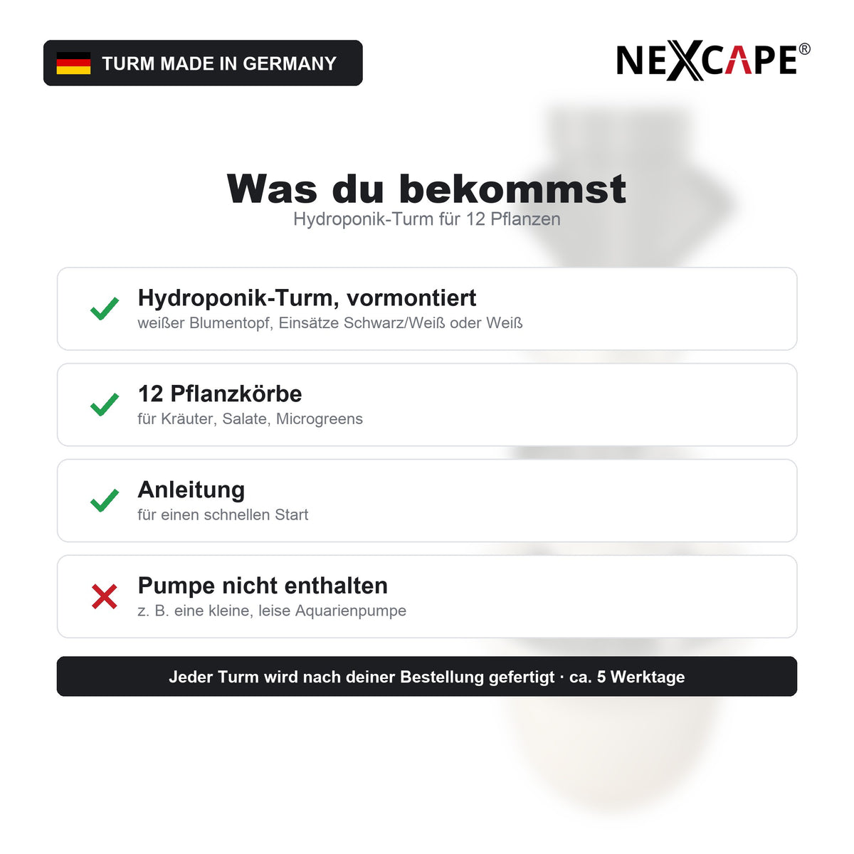 Hydroponik Turm 12 Pflanzen Indoor Tower Selbstversorger Kräuter Salat NEXCAPE® – Lieferumfang