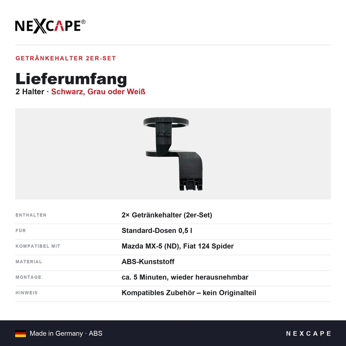 Getränkehalter 2er Set passend für Mazda MX-5/Fiat 124 Spider – Cupholder Cabrio NEXCAPE® – Lieferumfang