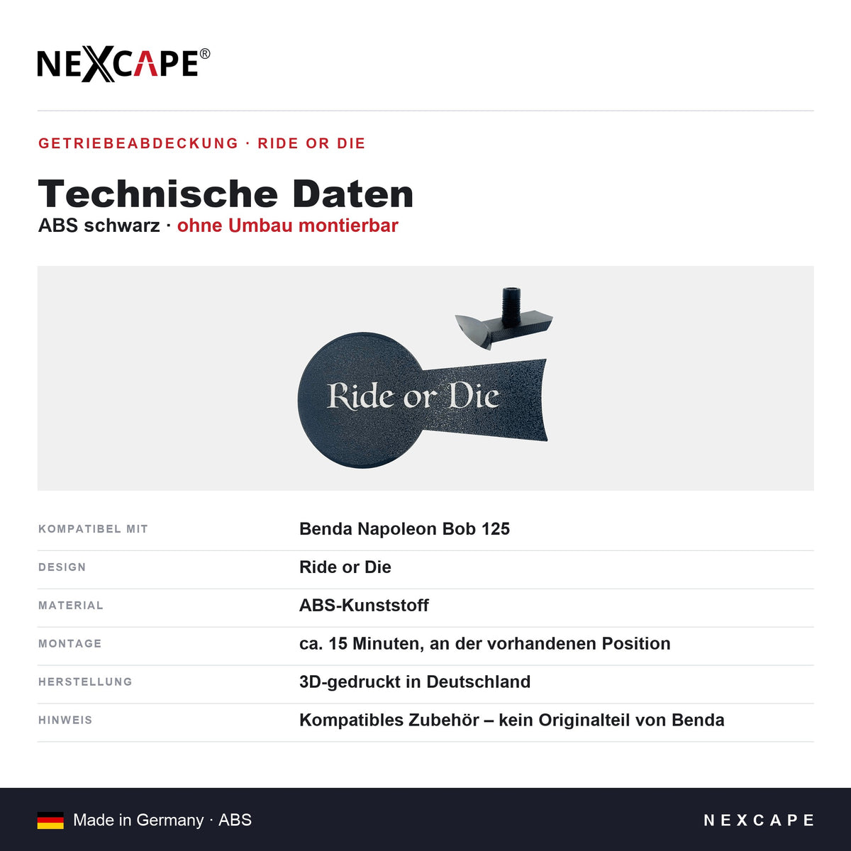 Getriebeabdeckung Ride or Die passend für Benda Napoleon Bob 125 – Technische Daten