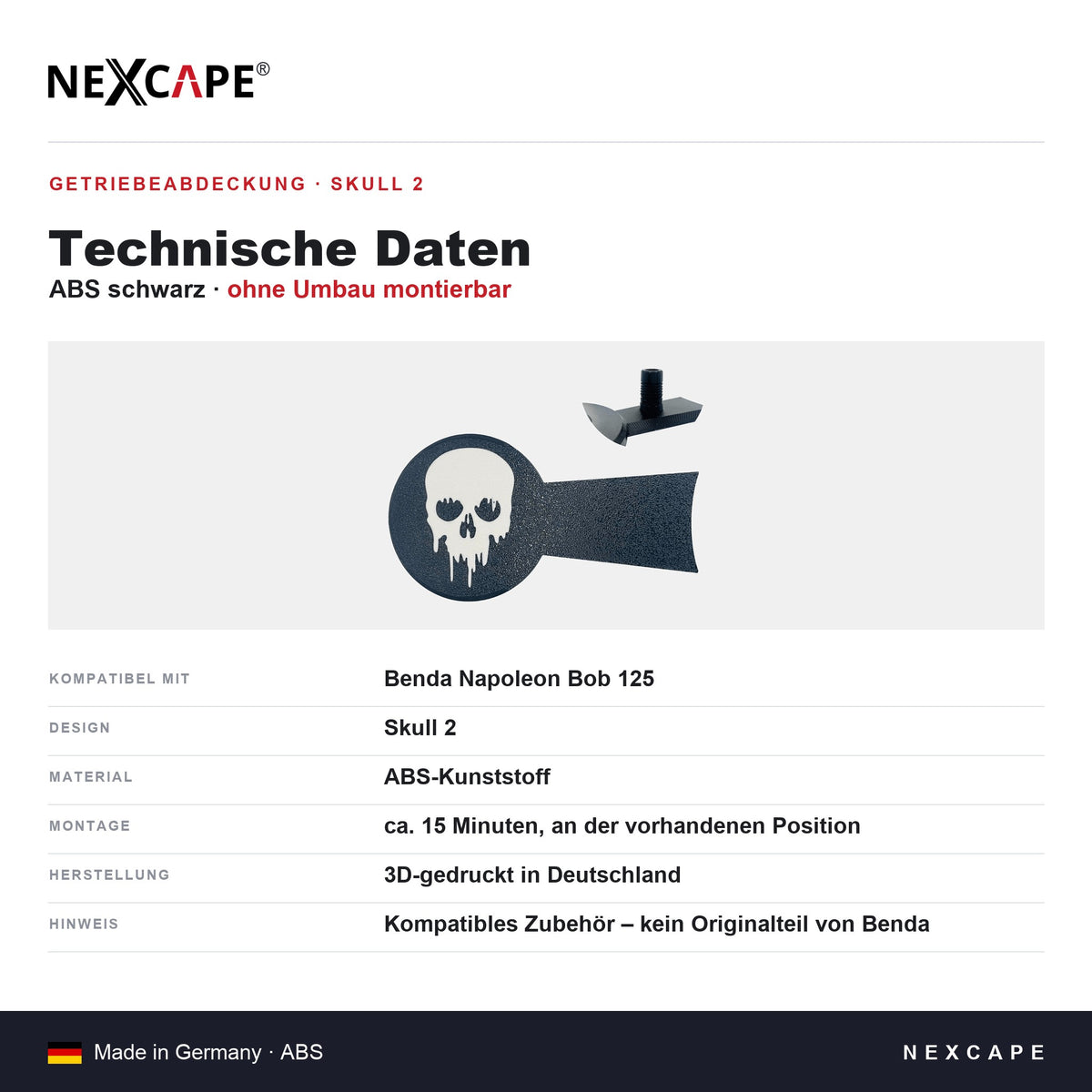 Getriebeabdeckung Skull 2 passend für Benda Napoleon Bob 125 – Technische Daten