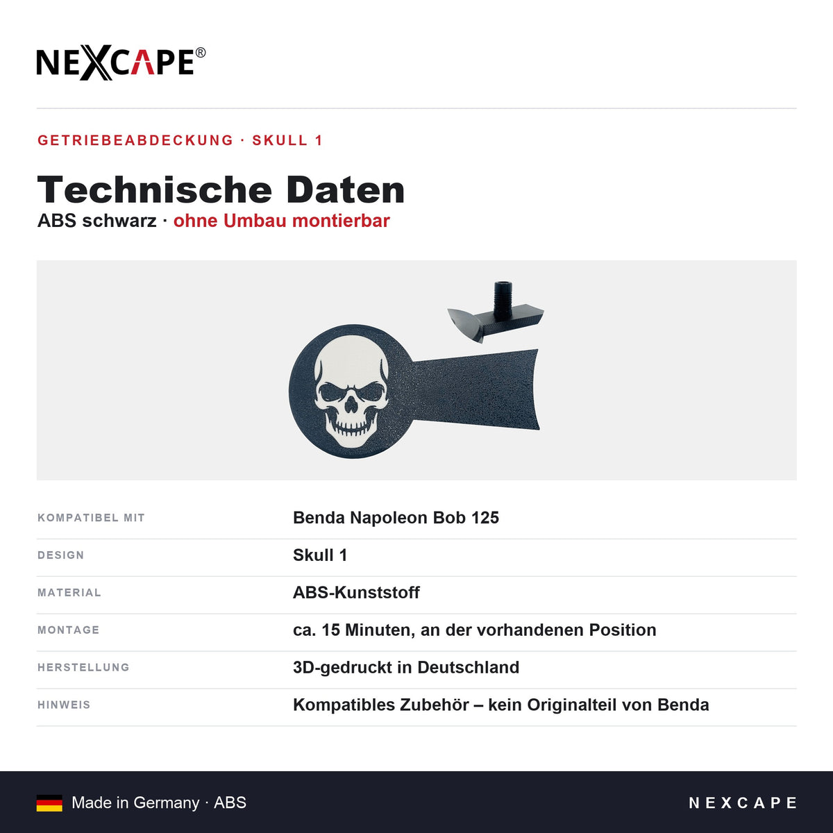 Getriebeabdeckung Skull 1 passend für Benda Napoleon Bob 125 – Technische Daten