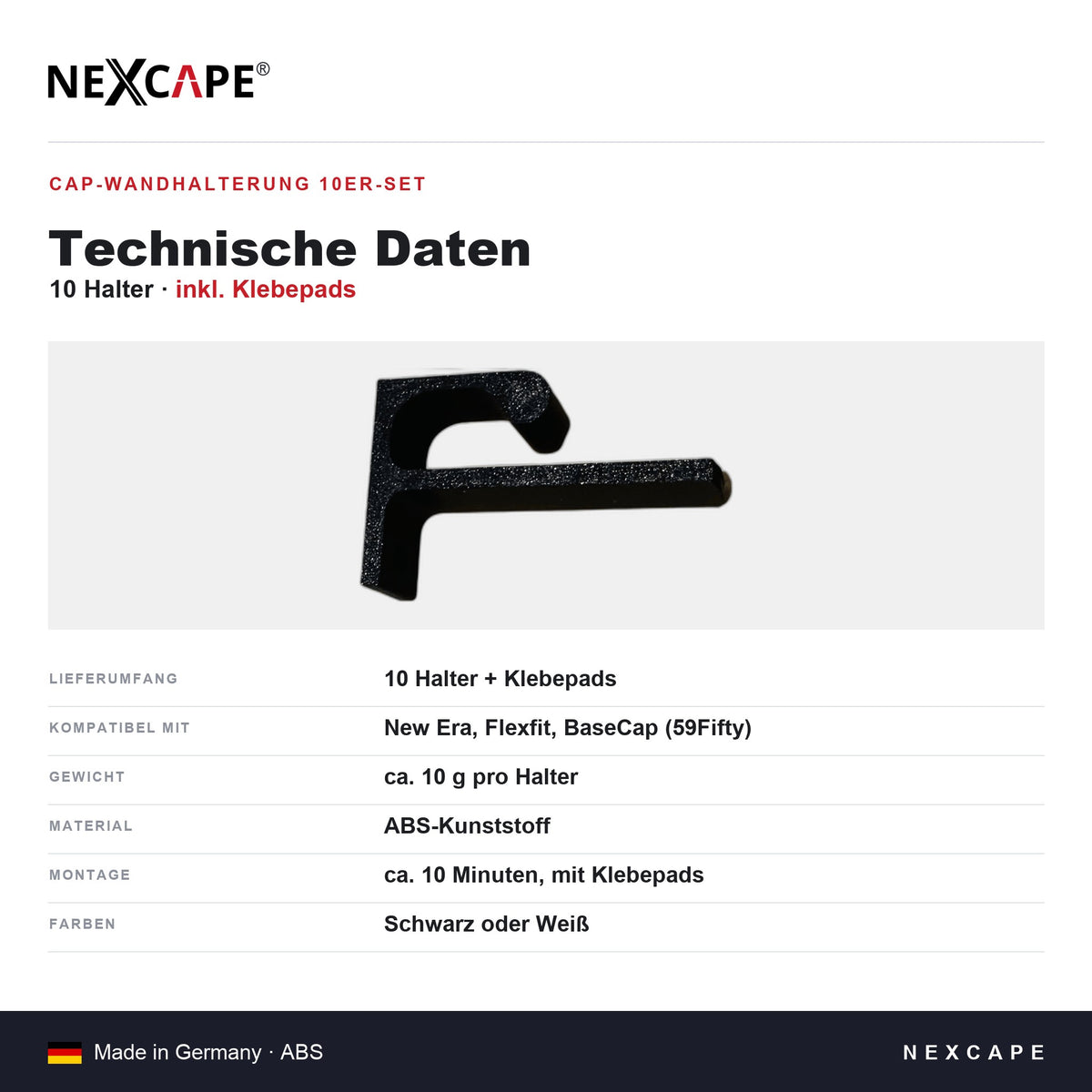 Cap-Wandhalterung 10er Set Mützenhalter – BaseCap-Display kompatibel mit New Era/Flexfit NEXCAPE® – Technische Daten