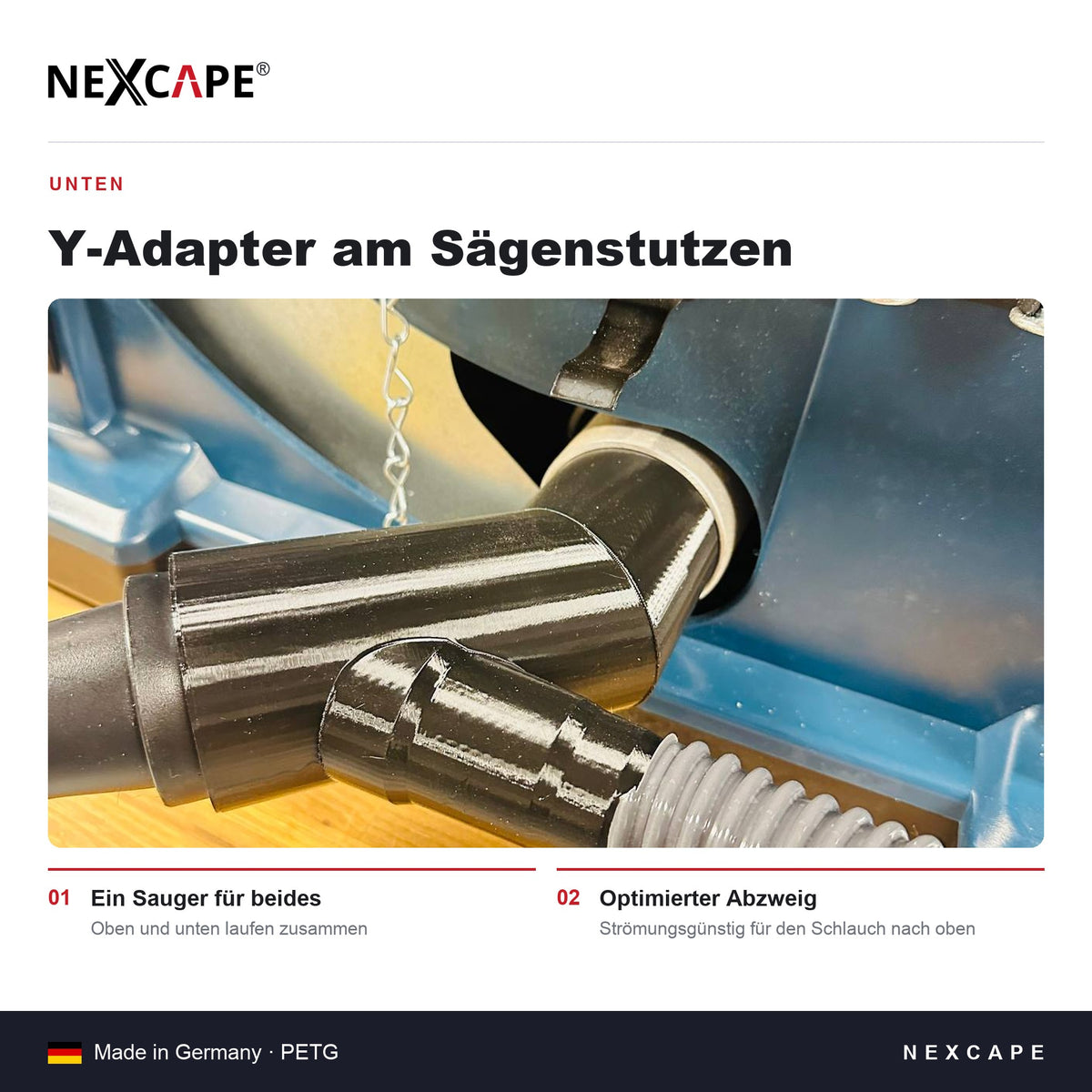 Lieferumfang NEXCAPE Absaug-Set BOSCH GTS 10 XC: Absaugadapter, Y-Adapter, Schlauch ca. 58 cm
