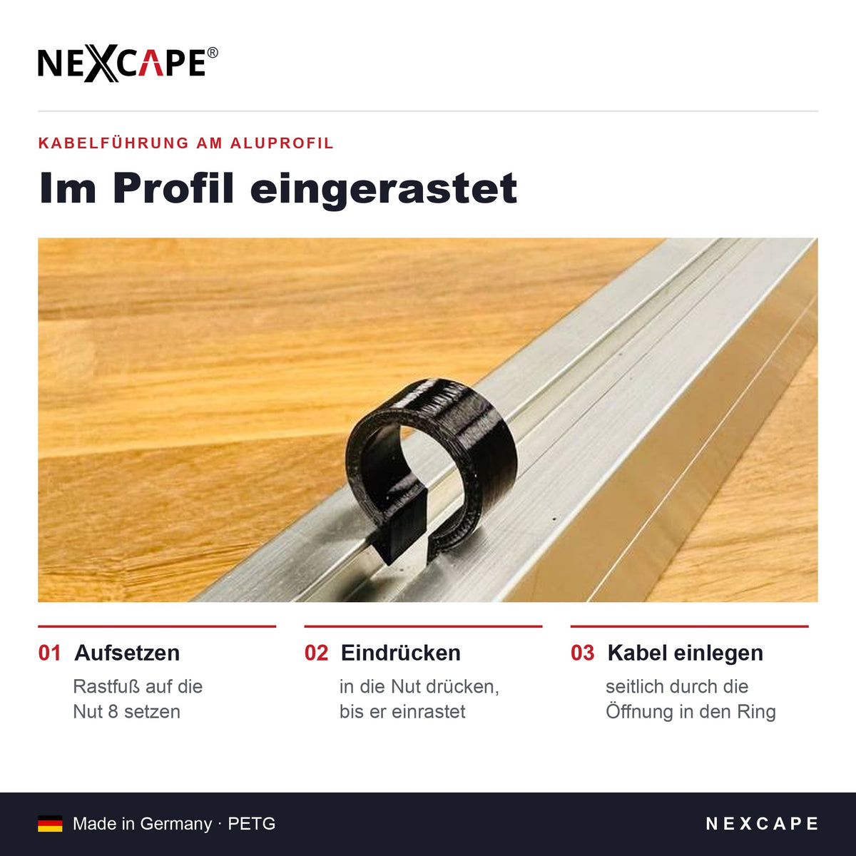 Nut 8 Kabelclip im Aluprofil eingerastet – Montage in 3 Schritten