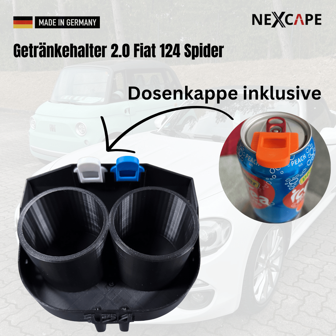 Werbegrafik für Getränkehalter 2.0 Fiat 124 Spider mit Hervorhebung „Dosenkappe inklusive“: zeigt schwarzen Getränkehalter mit zwei Öffnungen und weißer sowie blauer Dosenkappe, plus Detailansicht einer Orangen-Limonadendose mit Befestigungskappe.