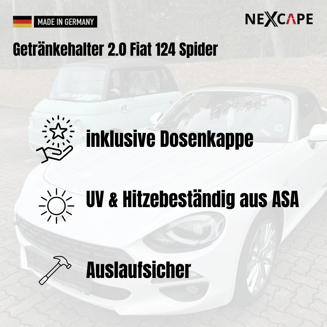 Werbegrafik für Getränkehalter 2.0 Fiat 124 Spider: weist auf inklusive Dosenkappe, UV- und Hitzebeständigkeit aus ASA sowie Auslaufsicherung hin, vor einem weißen Fiat 124 Spider Cabrio.