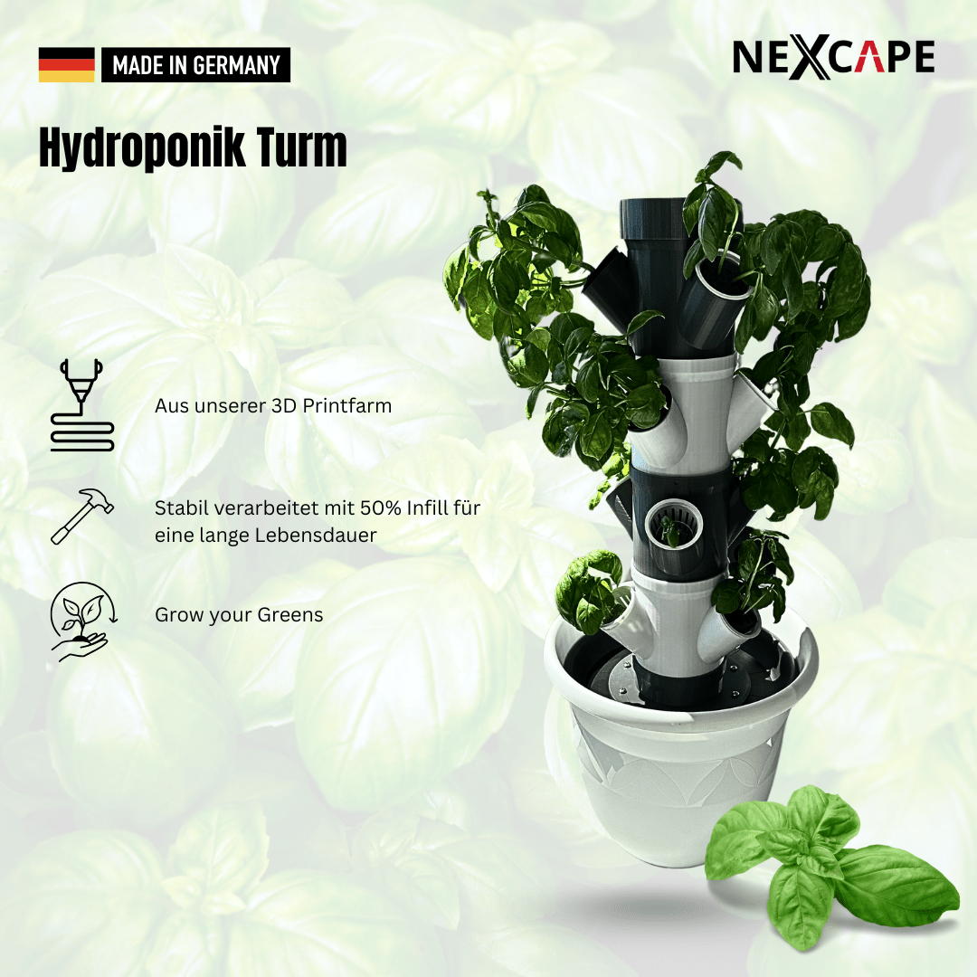 NEXCAPE Hydroponik-Turm für 12 Pflanzen ohne Bepflanzung – 3D-gedruckter Indoor-Pflanzturm in Schwarz-Weiß mit Netztöpfen und Pflanzöffnungen im Topf, Made in Germany