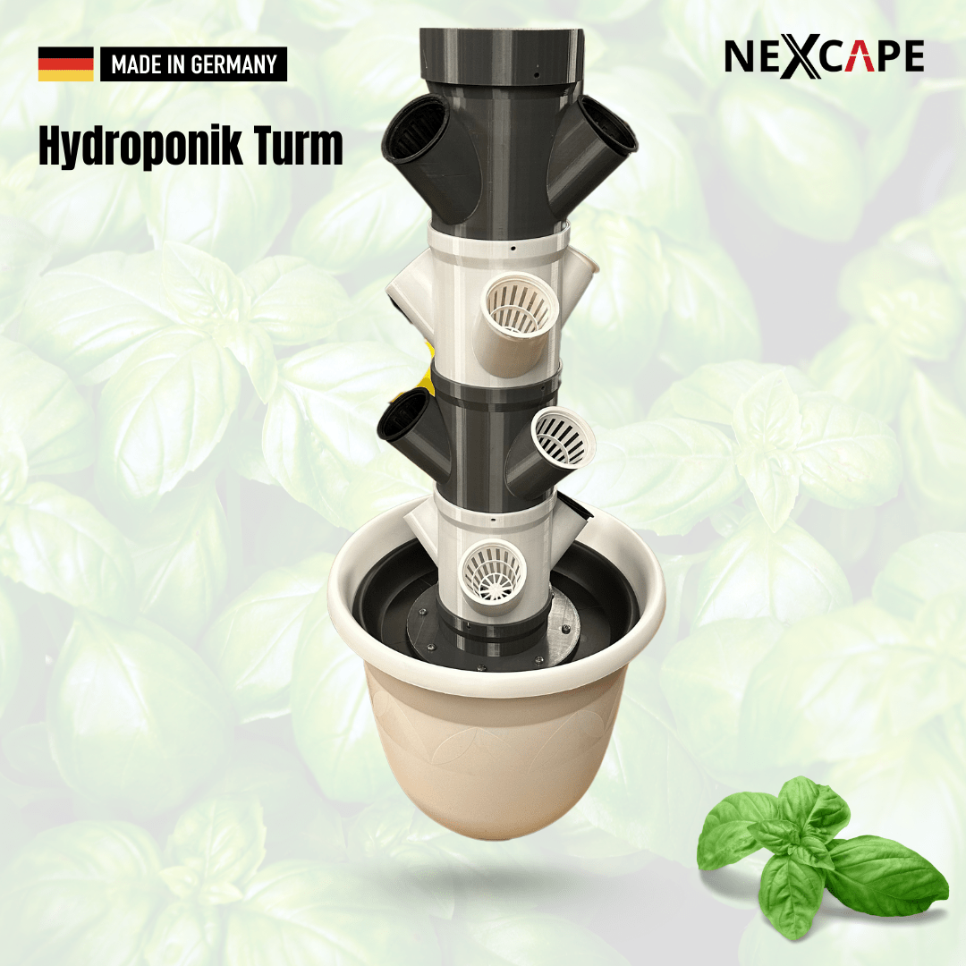NEXCAPE Hydroponik-Turm für 12 Pflanzen ohne Bepflanzung – 3D-gedruckter Indoor-Pflanzturm in Schwarz-Weiß mit Netztöpfen und Pflanzöffnungen im Topf, Made in Germany