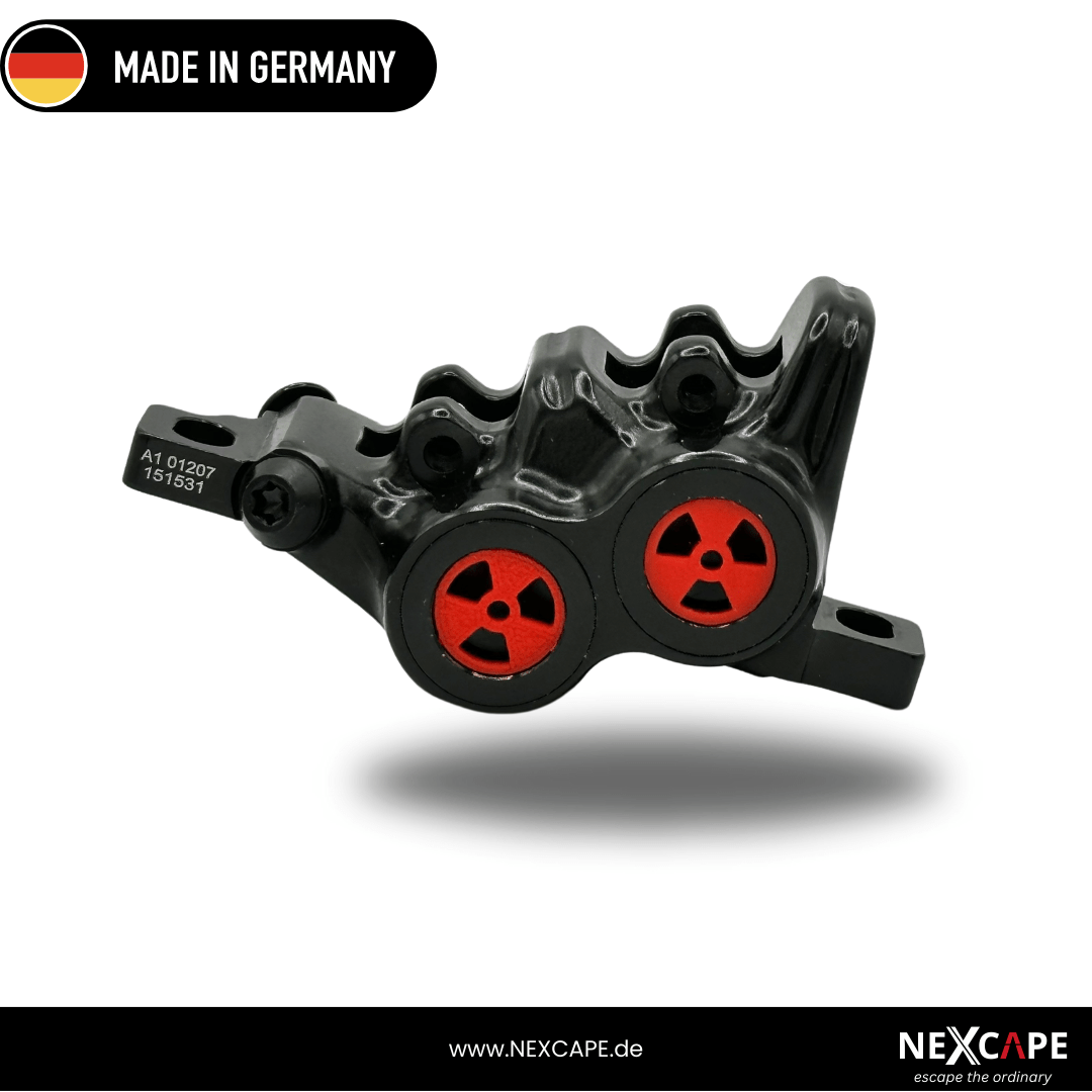 NEXCAPE Bremssattel-Blende Set in Rot mit Radioaktiv-Motiv am Magura MT5/MT6/MT7 Trail Bremssattel – MTB- & E-Bike-Tuning, Made in Germany