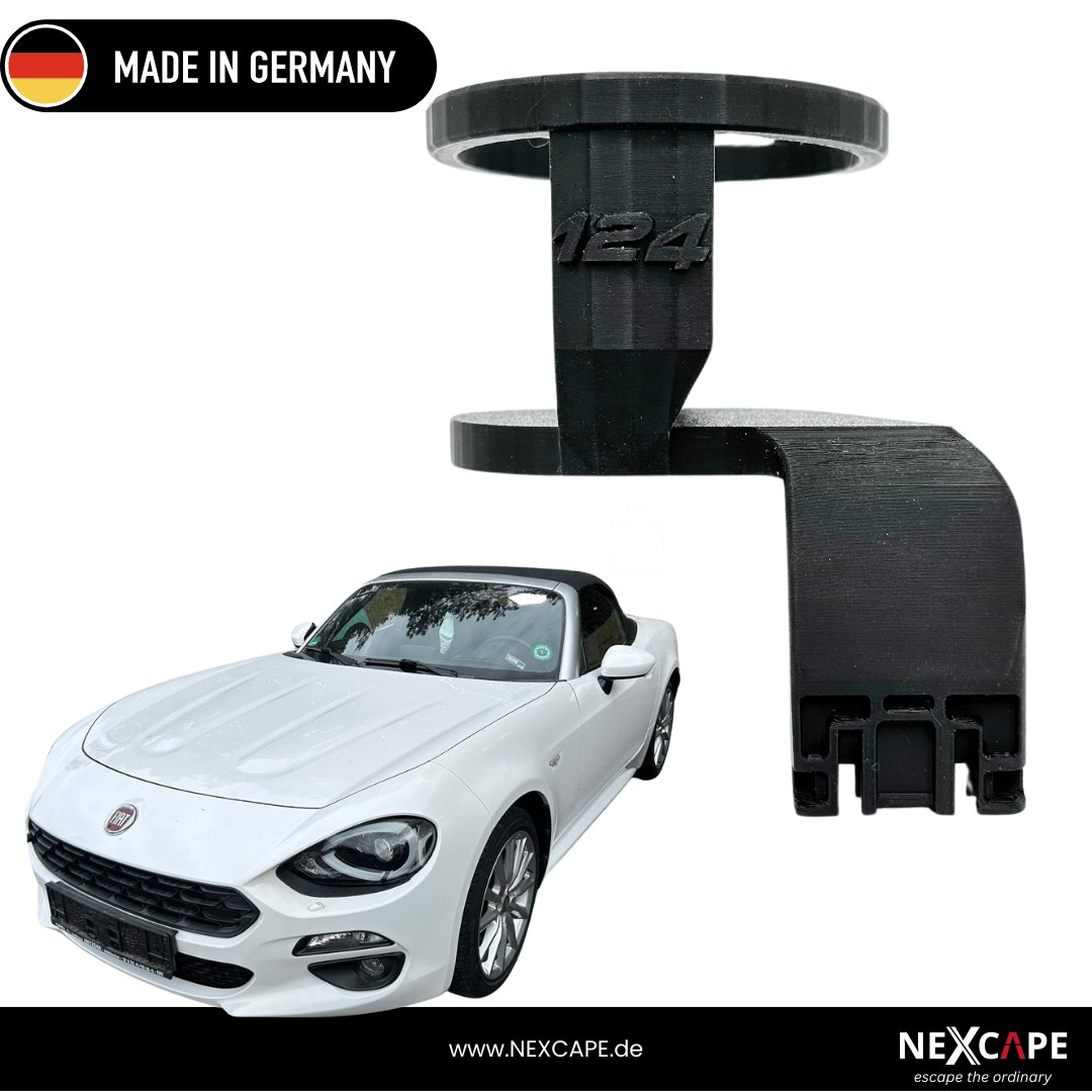 NEXCAPE Getränkehalter mit 124-Prägung für Mazda MX-5 / Fiat 124 Spider Cabrio – schwarzer Cupholder-Einsatz, mit weißem Fiat 124 Spider abgebildet, Made in Germany