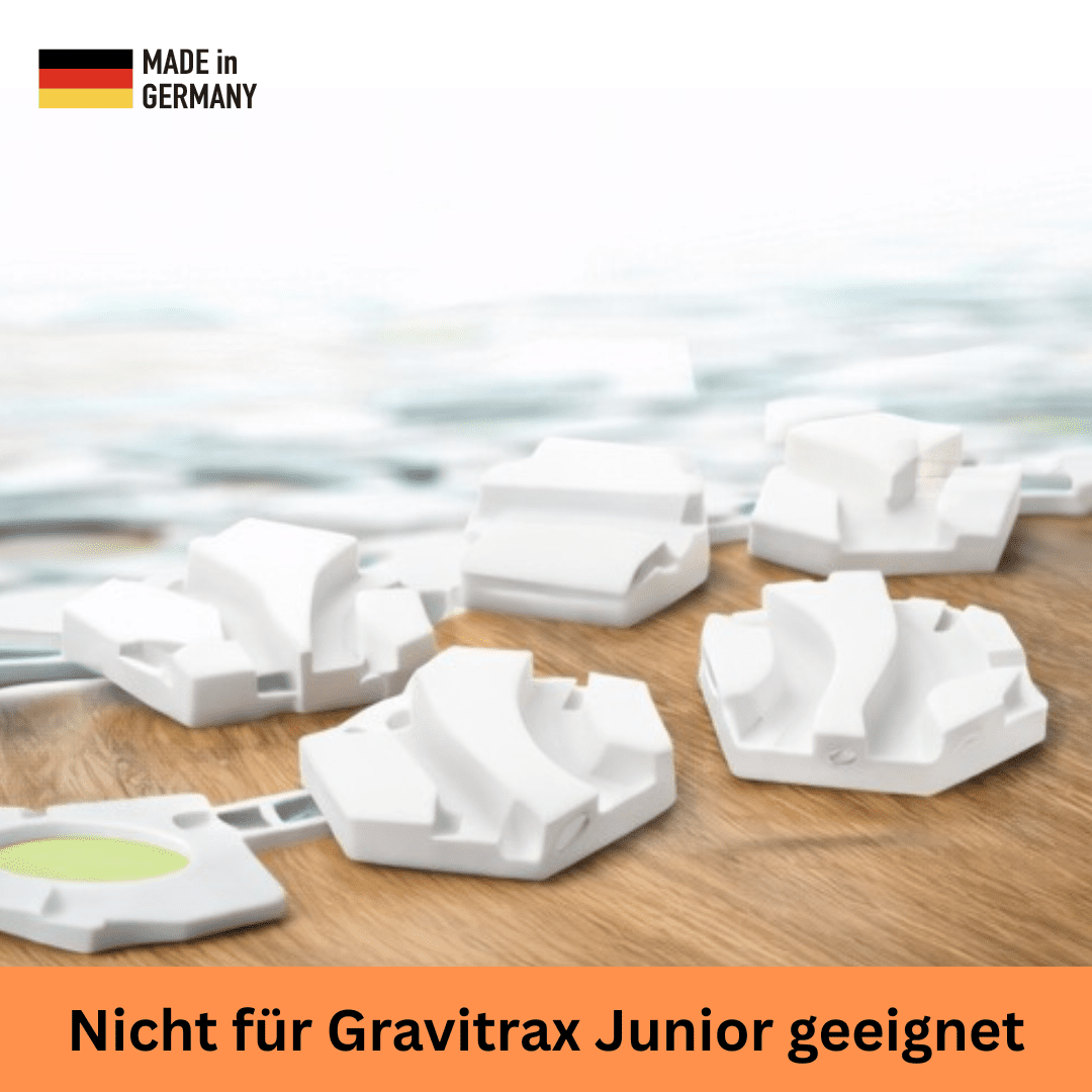 NEXCAPE Kurvensteine 9er-Set für GraviTrax Murmelbahn – weiße 3D-gedruckte Kurven-Bausteine auf Holztisch (nicht für GraviTrax Junior geeignet), Made in Germany