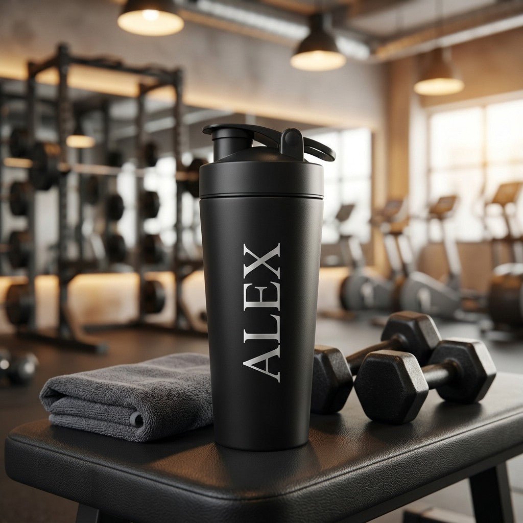 Personalisierter Gym Shaker Schwarz mit Lasergravur – Silberne Premium-Gravur - NEXCAPE