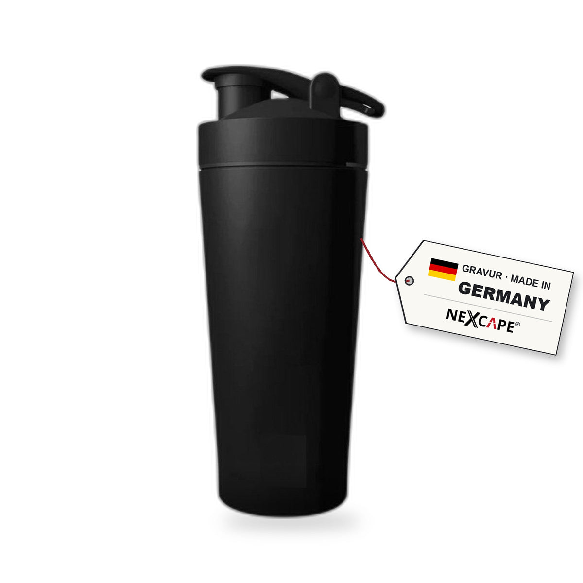 Personalisierter Gym Shaker Schwarz mit Lasergravur – Silberne Premium-Gravur – Produktansicht