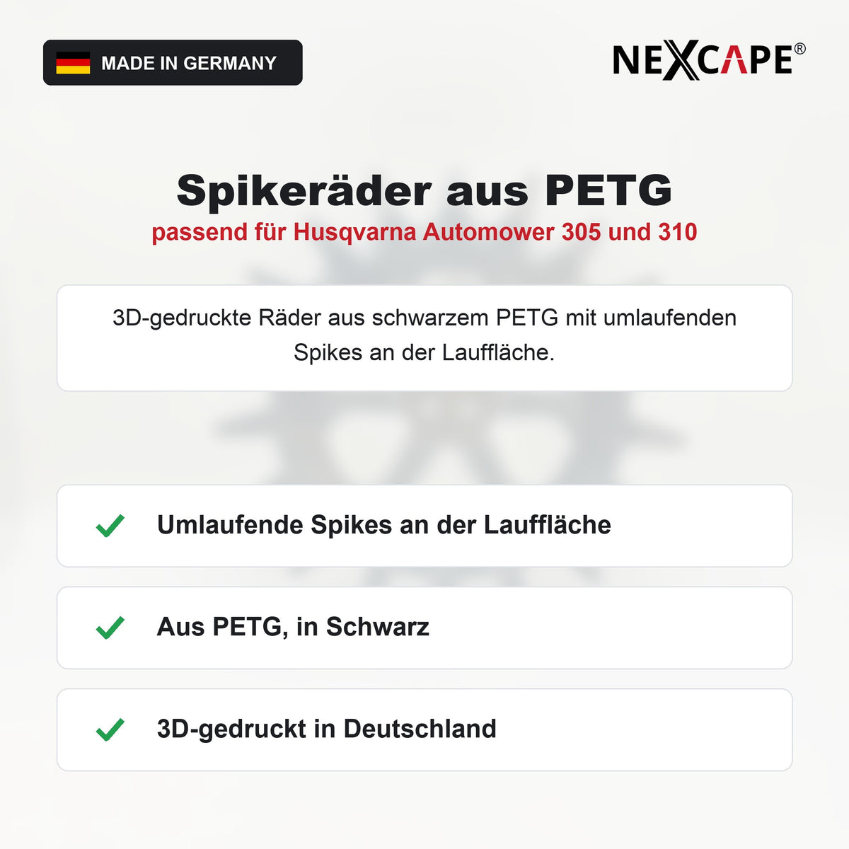 Spikeräder aus PETG, passend für Husqvarna Automower 305 und 310 – Vorteile